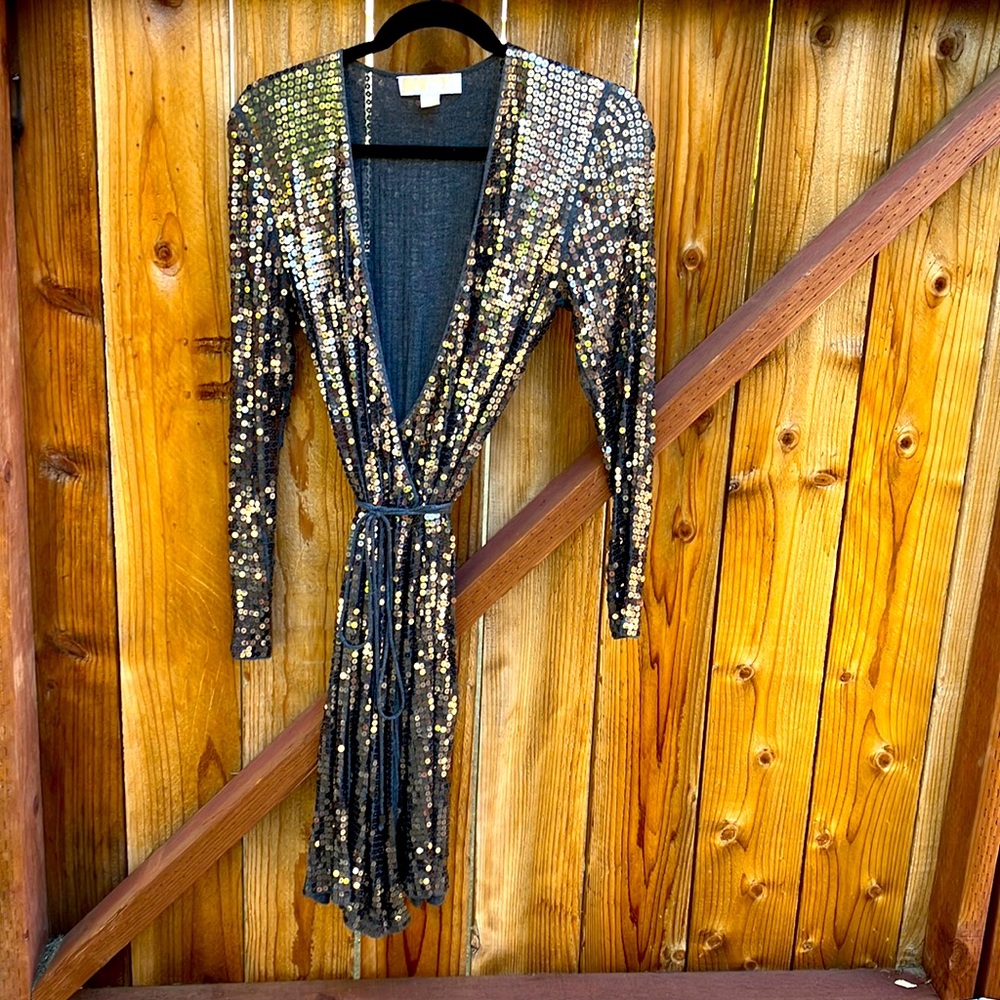 Michael Kors silver sequined wrap dress, size S.